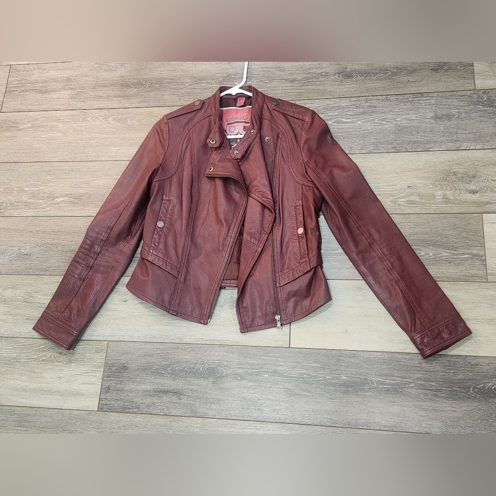 Collection by Bernardo Zip Trim Genuine Leather Jacket Burgundy Size Small Small